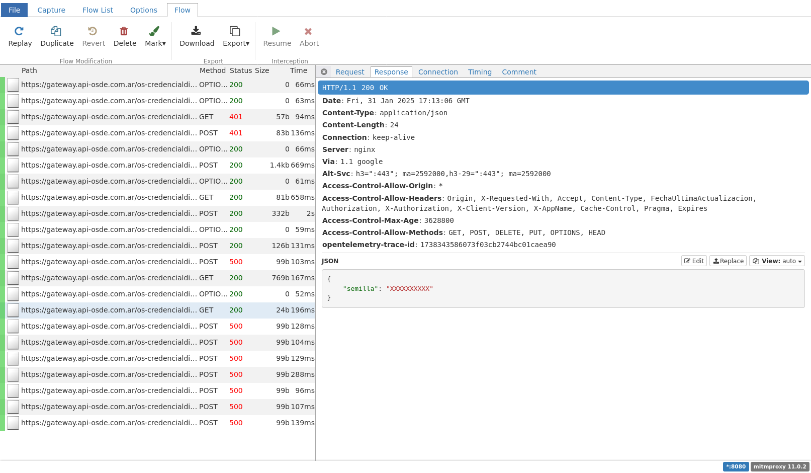 Mitmproxy screenshot with a network call that returns the shared key